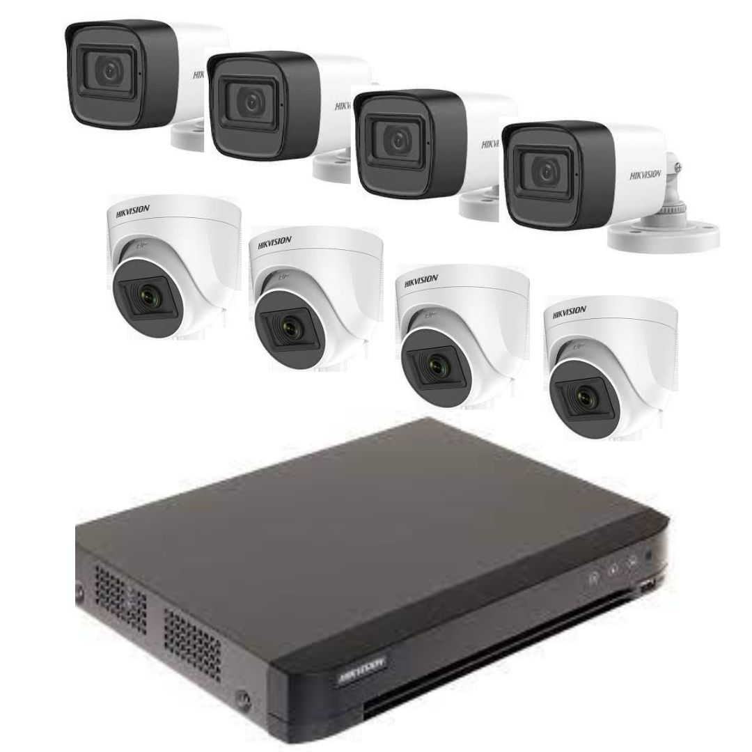 (image for) Hikvision CCTV 8-Channel Set – 4x DS-2CE76D0T-EXIPF (Indoor) + 4x DS-2CE16D0T-EXIF (Outdoor) Cameras with DS-7208HQHI-K1/E DVR